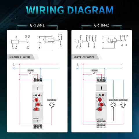Wiring diagram for Industrial Delay Timer Relay 16A On Off Control For AC DC 12-240V With Ten Modes and wide range.