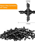 Stack of 40 1/4 Inch Drip Irrigation Cross Fittings Barbed 4-Way Tee Connectors showing dimensions for tubing plug and play system