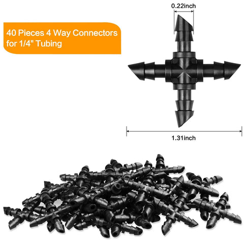 Stack of 40 1/4 Inch Drip Irrigation Cross Fittings Barbed 4-Way Tee Connectors showing dimensions for tubing plug and play system