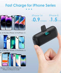 Nifty 5000mAh PD Fast Charging Power Bank For iPhone 14 And 13 Series slim pocket-sized charger held in hand with iPhone models.