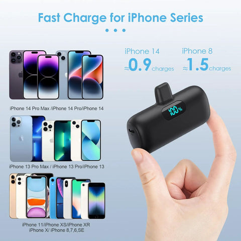 Nifty 5000mAh PD Fast Charging Power Bank For iPhone 14 And 13 Series slim pocket-sized charger held in hand with iPhone models.