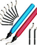 2 Pack Deburring Tool Set With 12 BS1010 HSS Blades And Dual Handles, Includes Storage Box, shown with blue and red handles