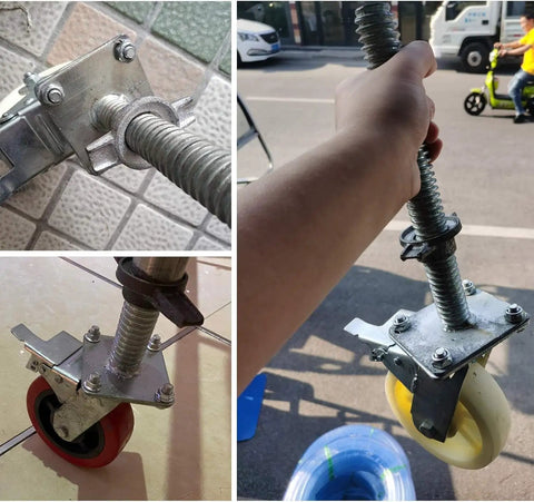 Set Of 2 Heavy Duty Swivel Casters Featuring Hardcore Dual Lock Brakes and Riveted Plates for Rough Construction Sites and Big Furniture Moves. Close-up view of solid threaded stem with caster wheels.