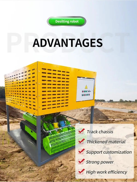 Remote Controlled Dredging Robot For Sludge And Sediment Removal with yellow casing and features list.