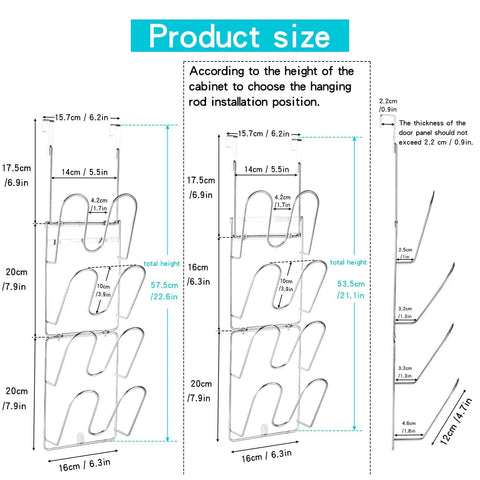 Product size guide for the Kick Stale Clutter Out With This Heavy Duty Cabinet Pot Lid Organizer Door Mounted 304 Stainless Steel Cover Rack.
