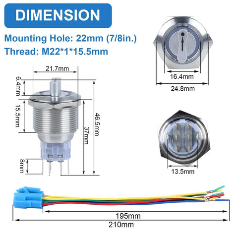 Dimensions of 22mm Latching DPDT Rotary Selector Switch With 3 Positions 2NO 2NC Waterproof Metal Housing