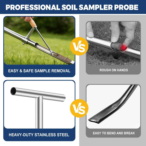 36 Inch Stainless Steel Soil Sampler Probe With T Handle For Precise Core Sampling In Lawn Garden And Farm Settings Heavy Duty Tool For Soil Testing And Analysis showing easy sample removal and durability comparison.
