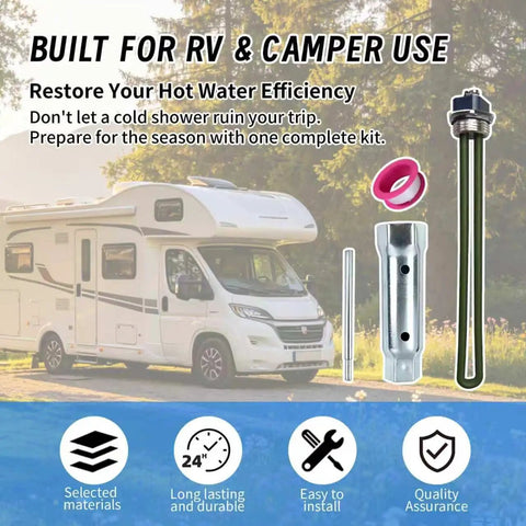 Heavy Duty Rv Water Heater Element Knockout Replacement Heating Rod with kit for RV and camper use in scenic setting.