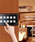 Universal 10 Button Membrane Switch Panel With Bluetooth App Control in RV interior with a person touching the panel.
