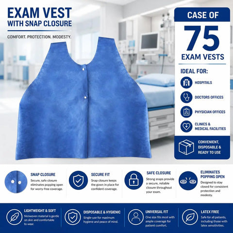 American Heavy Duty Nonwoven Exam Vests Featuring No Sweat Snap Closure 31X24 Inches Blue White Medical Cape Bulk Case Of 75 Clinic Ready Hard Working Nurse Gear displayed in clinical setting.