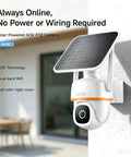 Bully Proof 2K Solar Security Camera With 5G WiFi And PTZ 360 Rotation mounted on a wall with solar panel for outdoor use.
