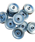 Gotta Love These Heavy Duty Zinc Plated Steel Skate Wheels For Flow Rails! Durable roller bearing wheels stacked for warehouse use.