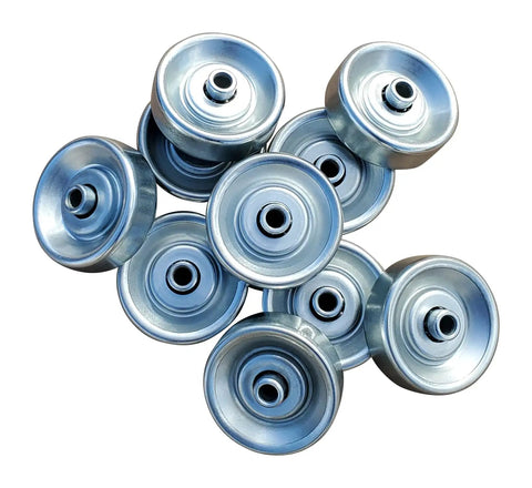 Gotta Love These Heavy Duty Zinc Plated Steel Skate Wheels For Flow Rails! Durable roller bearing wheels stacked for warehouse use.