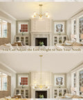 Gold Globe Giant Pendant Chandelier 5 Light Sputnik Ceiling Fixture with adjustable rod in elegant living room.