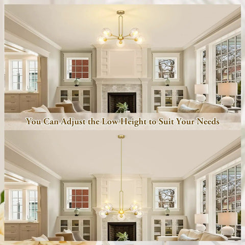 Gold Globe Giant Pendant Chandelier 5 Light Sputnik Ceiling Fixture with adjustable rod in elegant living room.