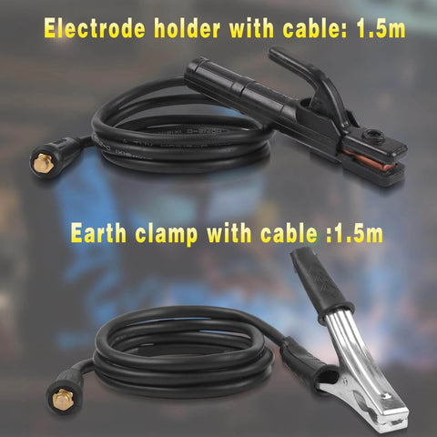 MMA Arc Welding Electrode Holder And Ground Clamp Lead With 1.5m Cable 10-25 DIN Connector Copper Construction