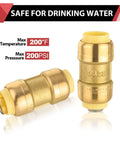 Pack Of Ten EFIELD One Half Inch Push Fit Straight Couplings With Disconnect Tool For Copper PEX CPVC And PERT Pipes Lead Free DZR Forged Brass AWWA C800 Compliant 200 PSI 200 Degrees F For Potable Water And Hydronic Heating close-up view of couplings