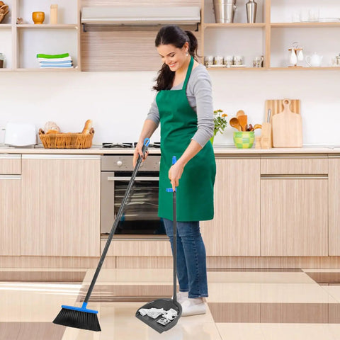 Woman using Long Handle Broom And Dustpan Set For Indoor Outdoor Cleaning Upright Stand Dustpan Adjustable Height in kitchen
