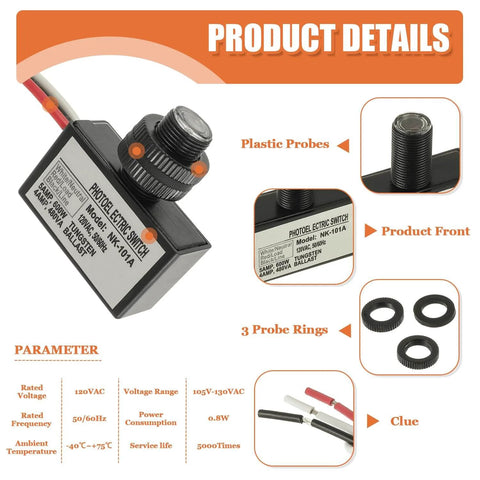 2 Pack Dusk To Dawn Photocell Light Sensor Switch For Outdoor Lighting 105V130V AC product details, showing plastic probes and specs