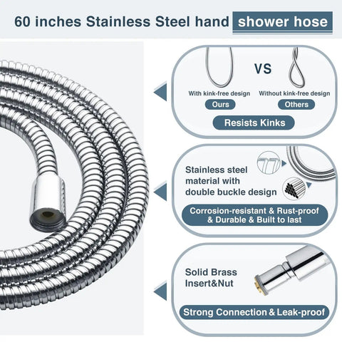 60-inch stainless steel shower hose with kink-free design, corrosion-resistant, part of the Dual Shower Heads System With 8 Inch Square Rain Shower Head And Handheld Spray High Pressure Rainfall 60 Inch Hose 3 Way Diverter Adjustable Wall Bracket Chrome Finish Dope Upgrade To Spa Like Shower Experience.
