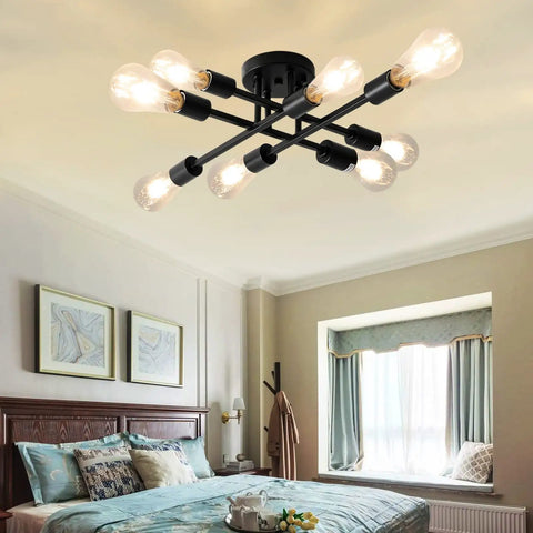 Eight Light Industrial Semi Flush Mount Ceiling Light Fixture In Matte Black With Farmhouse Close To Ceiling Style Modern Sputnik Chandelier For Kitchen Bedroom Living Room Dining Room Bathroom in a bedroom setting