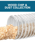 Clear PVC Dust Collection Hose 4 Inch by 10 Foot showing wood chips passing through, puncture-resistant with see-through design.