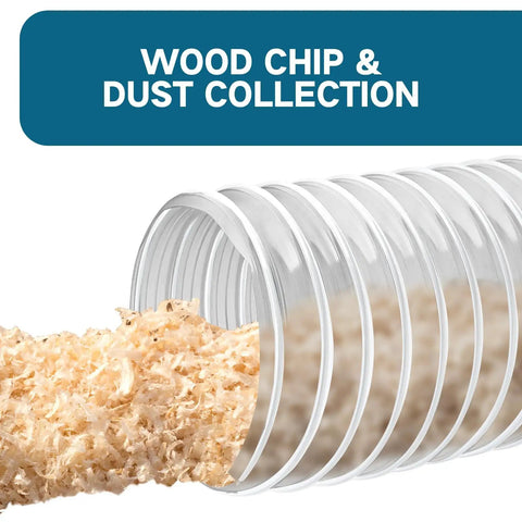 Clear PVC Dust Collection Hose 4 Inch by 10 Foot showing wood chips passing through, puncture-resistant with see-through design.