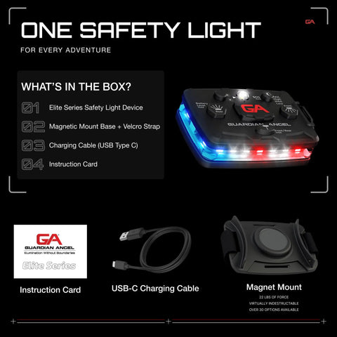 Contents of Elite Series Safety Light With Front And Rear Red Blue White Signals Rechargeable Magnetic Hands Free Wearable LED Flashlight For Law Enforcement First Responders And Firefighters box including device, cable, and mount.
