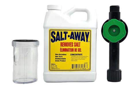 Concentrate Cleaning Kit With Mixing Unit For Salt Removal On Boats, Cars, And Marine Surfaces, Hose Connected Dispenser, Includes 32 Fl Oz (946 Ml) Refill For Easy Start Setup, bottle and mixer