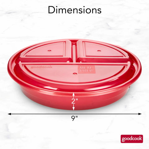 Red Meal Prep Containers Set 10 Piece BPA Free Round Food Storage With Labeled Compartments Snap Shut Lids Dimensions