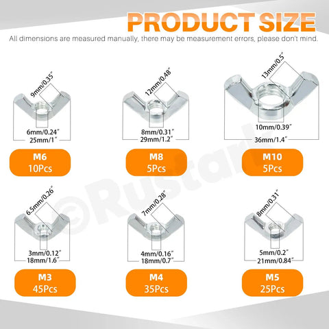 Top Notch 125PC Carbon Steel White Zinc Butterfly Wing Nuts Assortment Kit With Six Metric Sizes M3 Through M10 size comparison chart
