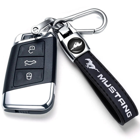 Top Shelf Genuine Leather Car Keychain With Mirror Polish Zinc Alloy Hook Fresh Daily Grind Accessory For Ford Mustang Owners sleek black auto key ring with car key fob.