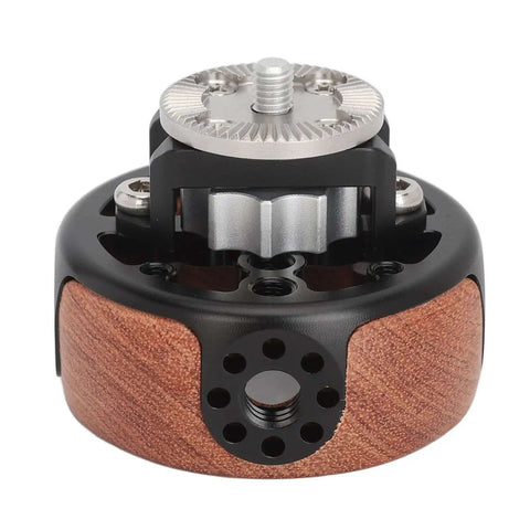 Close-up of Camera Hand Grip Side Handle With 360 Degree Rotation, aluminum alloy and wooden grip with rosette mount.