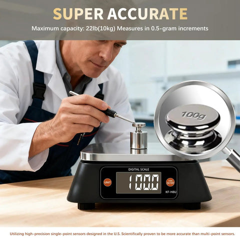 Man using Digital Kitchen Scale For Bakers And Hobby Crafters, High Precision Food Scale With 22lb Capacity on table