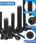 Top Notch 12.9 Grade M3 X 10Mm Hex Socket Head Capscrews With Hex Key Rugged Black Carbon Steel Bolts 50 Pack, showing varied lengths and smooth finish.
