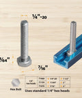 Close-up of Universal Pro Grade 24 Inch By 2 Inch T Track Set showing bolt and measurements for woodworking installation.