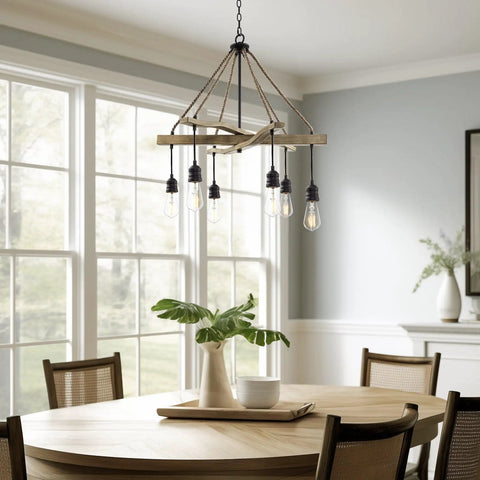 Farmhouse Style 6 Light Rope Pendant Chandelier In Smoked Birch And Textured Black Finish above dining table.