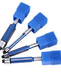 Top Notch 4 Piece Flush Trim Router Bit Set With Double Bearing Precision Guides And Tough 6Mm Shank For Smooth Woodworking Trimming Jobs Plus Storage Box Included. Blue router bits from set.