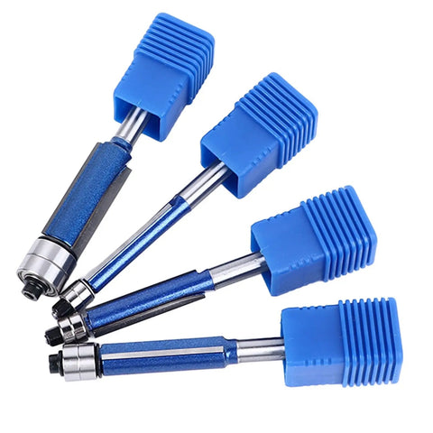 Top Notch 4 Piece Flush Trim Router Bit Set With Double Bearing Precision Guides And Tough 6Mm Shank For Smooth Woodworking Trimming Jobs Plus Storage Box Included. Blue router bits from set.