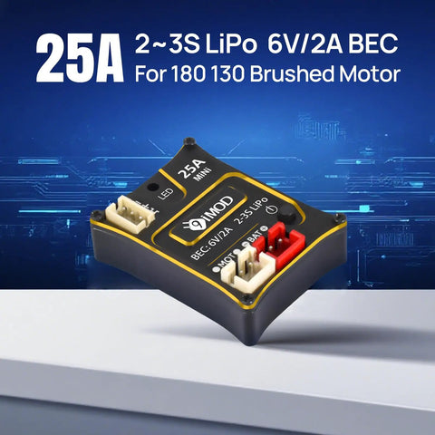Image of Beefy 25A Waterproof Micro Brushed ESC for SCX24 1x24 and TRX4M 1x18 RC Crawlers, showing 25A capacity and connectors.