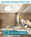 Rechargeable Motion Sensor Ceiling Light With Remote in bathroom, showing remote control features and LED fixture