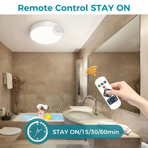 Rechargeable Motion Sensor Ceiling Light With Remote in bathroom, showing remote control features and LED fixture