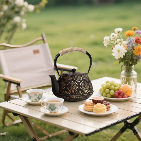 Tetsubin Style Cast Iron Teapot 40oz Enamel Coated Stovetop Kettle with Stainless Steel Infuser on outdoor table with cups and snacks