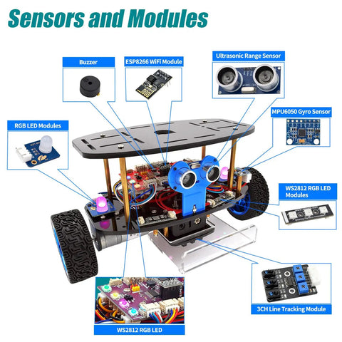 Self Balancing Robot Car Kit With Arduino IDE Compatibility For Hands On Coding And Tinkering In Robotics And STEM Projects Includes Line Tracking Ultrasonic Sensor And IR Remote Programming Set, sensor module layout