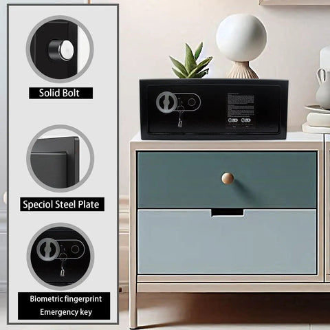 Biometric Fingerprint Safe Lock Box With Steel Construction And Key Backup, shown on dresser in home, black, 0.6 cubic feet