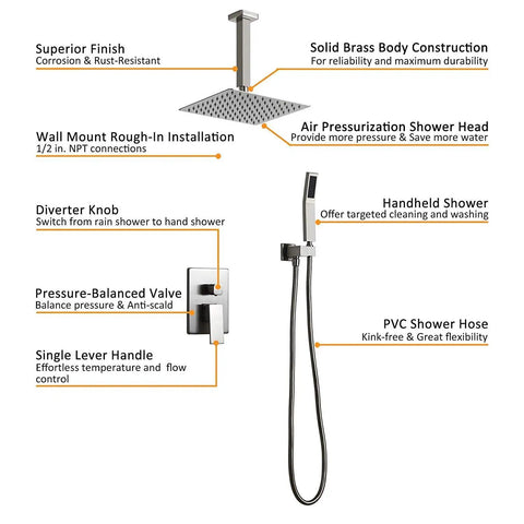 Heavy Duty Brushed Nickel Wall Mount Shower Combo Features A Square Ten Inch Ceiling Rain System And Handheld Spray Unit Crafted From Solid Brass For Knockout Water Pressure On Your Daily Grind, showing solid brass construction and shower components.