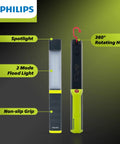 Xperion 6000 UV Pillar Rechargeable LED Work Light with 2 mode flood light and 360° rotating hook, front and side view.