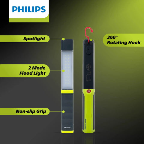 Xperion 6000 UV Pillar Rechargeable LED Work Light with 2 mode flood light and 360° rotating hook, front and side view.