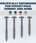 Diagram of stainless steel pocket hole screws with Maxi-Loc head, coarse thread, for joinery. For woodworking cabinets and furniture.