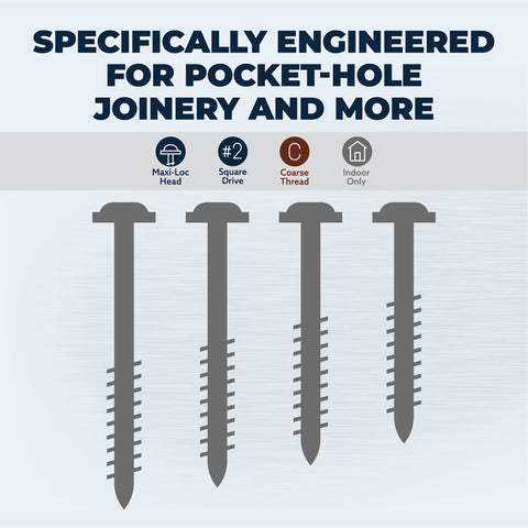 Diagram of stainless steel pocket hole screws with Maxi-Loc head, coarse thread, for joinery. For woodworking cabinets and furniture.